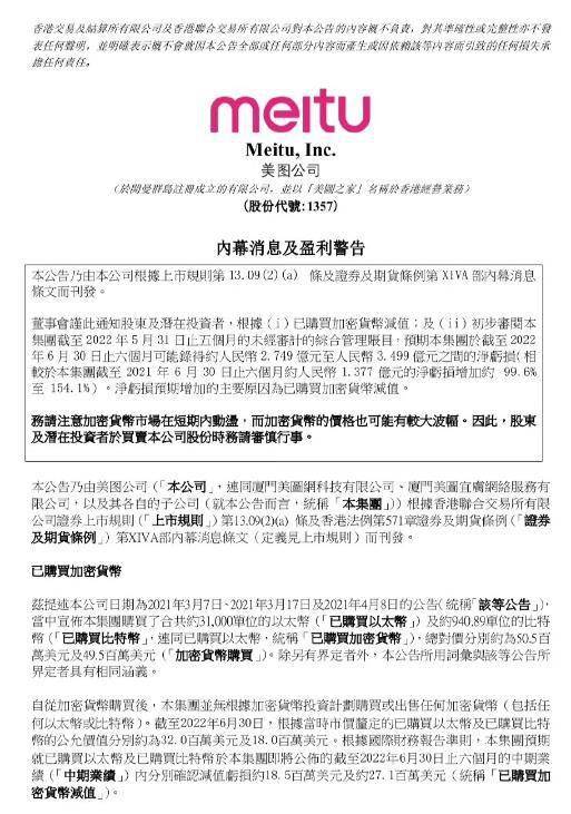 美图炒币浮亏超3亿引热议！上半年净亏损预增逾99%，网友：这就是不务正业的后果